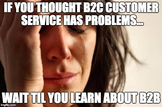 First World Problems Meme | IF YOU THOUGHT B2C CUSTOMER SERVICE HAS PROBLEMS... WAIT TIL YOU LEARN ABOUT B2B | image tagged in memes,first world problems | made w/ Imgflip meme maker