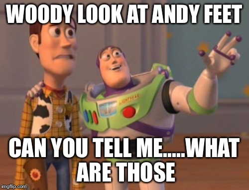 X, X Everywhere Meme | WOODY LOOK AT ANDY FEET CAN YOU TELL ME.....WHAT ARE THOSE | image tagged in memes,x x everywhere | made w/ Imgflip meme maker