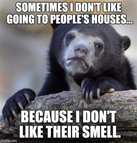Confession Bear | SOMETIMES I DON'T LIKE GOING TO PEOPLE'S HOUSES... BECAUSE I DON'T LIKE THEIR SMELL. | image tagged in memes,confession bear | made w/ Imgflip meme maker