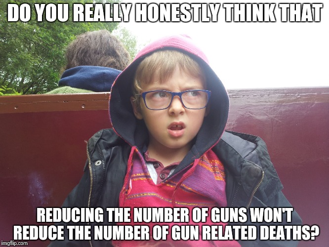 DO YOU REALLY HONESTLY THINK THAT REDUCING THE NUMBER OF GUNS WON'T REDUCE THE NUMBER OF GUN RELATED DEATHS? | image tagged in suspicious sam | made w/ Imgflip meme maker