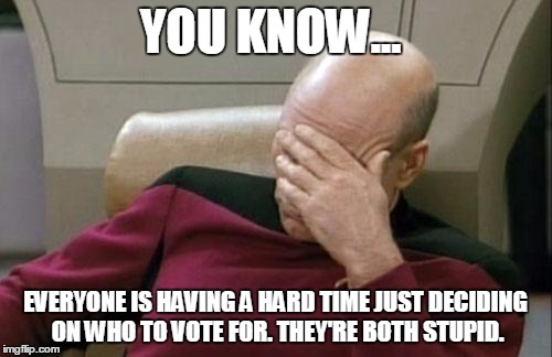 Captain Picard Facepalm Meme | YOU KNOW... EVERYONE IS HAVING A HARD TIME JUST DECIDING ON WHO TO VOTE FOR. THEY'RE BOTH STUPID. | image tagged in memes,captain picard facepalm | made w/ Imgflip meme maker