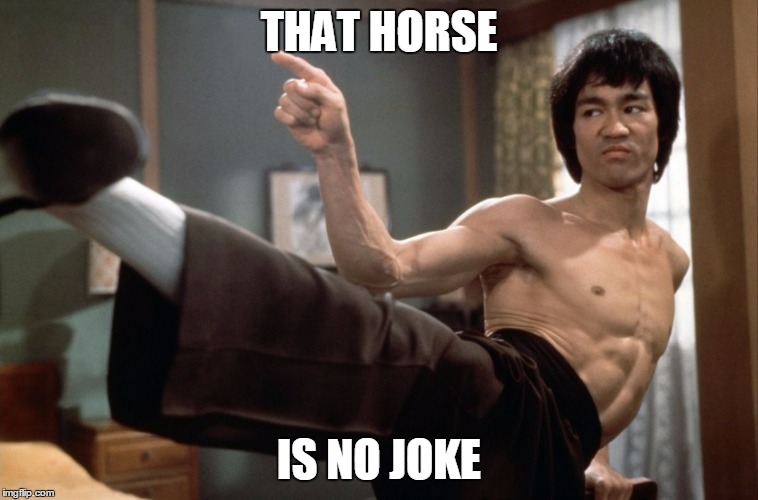 bruce kicks | THAT HORSE IS NO JOKE | image tagged in bruce kicks | made w/ Imgflip meme maker