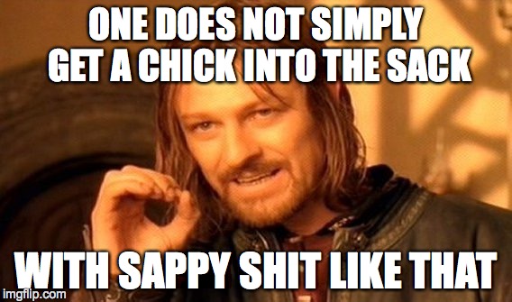 One Does Not Simply Meme | ONE DOES NOT SIMPLY GET A CHICK INTO THE SACK WITH SAPPY SHIT LIKE THAT | image tagged in memes,one does not simply | made w/ Imgflip meme maker