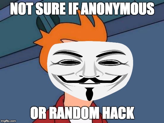 Fry is Anon | NOT SURE IF ANONYMOUS OR RANDOM HACK | image tagged in anonymous,hackers,hacks | made w/ Imgflip meme maker