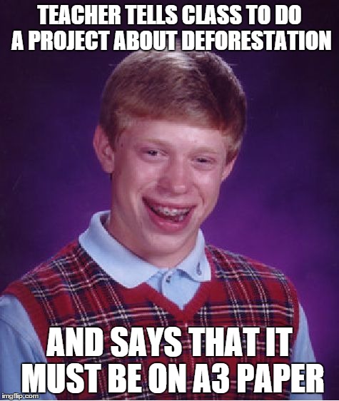 Bad Luck Brian Meme | TEACHER TELLS CLASS TO DO A PROJECT ABOUT DEFORESTATION AND SAYS THAT IT MUST BE ON A3 PAPER | image tagged in memes,bad luck brian | made w/ Imgflip meme maker