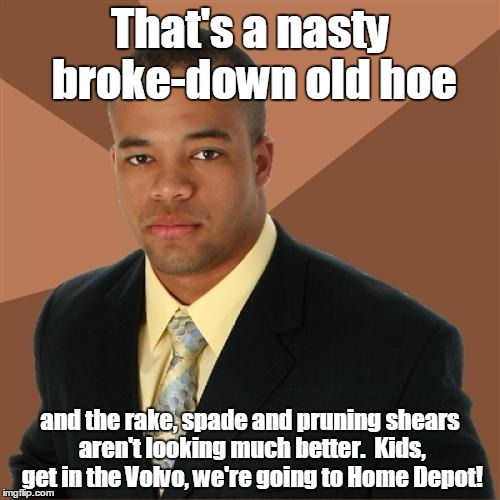 Successful Black Man Meme | That's a nasty broke-down old hoe and the rake, spade and pruning shears aren't looking much better.  Kids, get in the Volvo, we're going to | image tagged in memes,successful black man | made w/ Imgflip meme maker