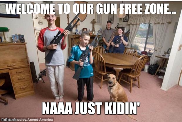 family with guns | WELCOME TO OUR GUN FREE ZONE... NAAA JUST KIDIN' | image tagged in family with guns | made w/ Imgflip meme maker