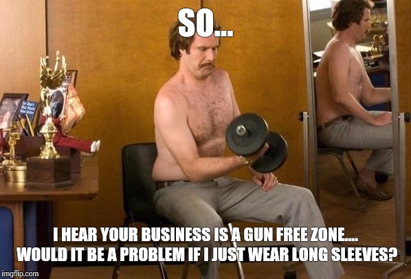 Ron Burgundy Guns | SO... I HEAR YOUR BUSINESS IS A GUN FREE ZONE.... WOULD IT BE A PROBLEM IF I JUST WEAR LONG SLEEVES? | image tagged in ron burgundy guns | made w/ Imgflip meme maker