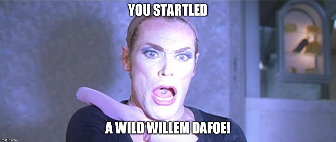 *insert random Pokemon encounter music | YOU STARTLED A WILD WILLEM DAFOE! | image tagged in boondock saints smecker the last face you'll see,willem dafoe,pokemon | made w/ Imgflip meme maker
