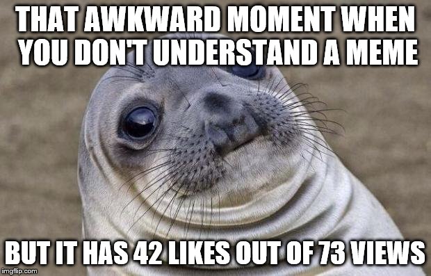 Awkward Moment Sealion | THAT AWKWARD MOMENT WHEN YOU DON'T UNDERSTAND A MEME BUT IT HAS 42 LIKES OUT OF 73 VIEWS | image tagged in memes,awkward moment sealion | made w/ Imgflip meme maker