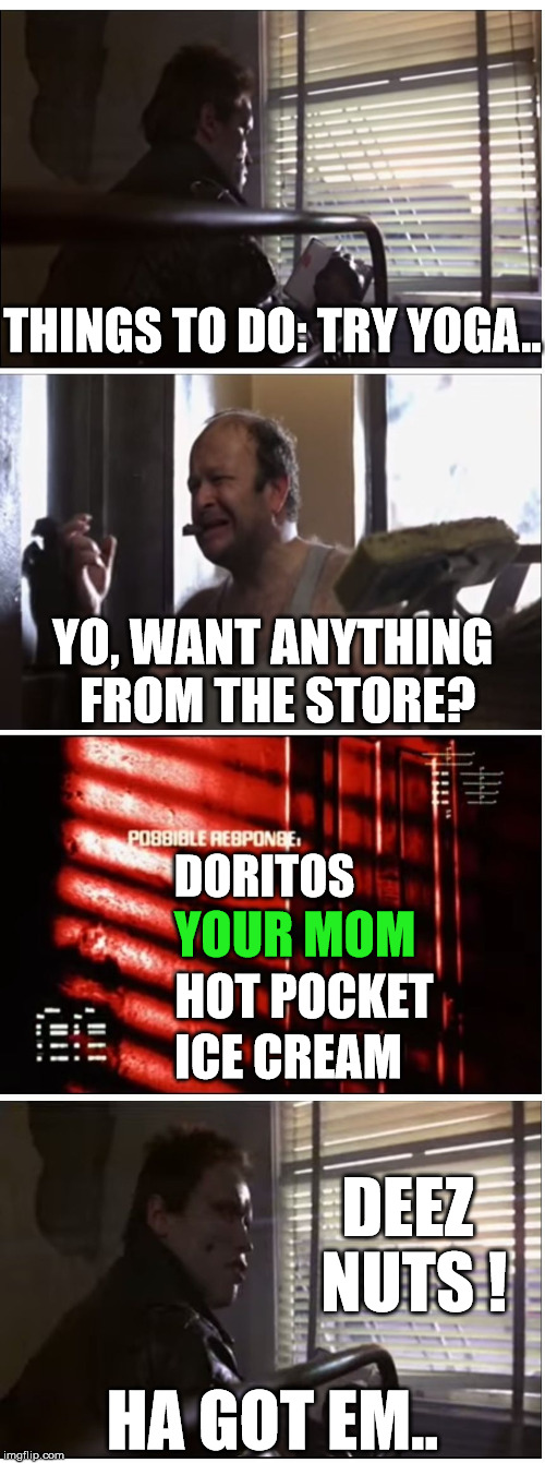toyminator | THINGS TO DO: TRY YOGA.. YO, WANT ANYTHING FROM THE STORE? ICE CREAM HOT POCKET YOUR MOM DORITOS DEEZ NUTS ! HA GOT EM.. | image tagged in terminator | made w/ Imgflip meme maker