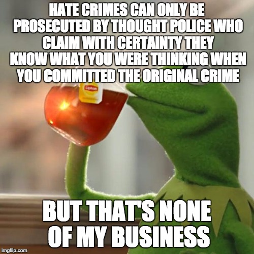 But That's None Of My Business Meme | HATE CRIMES CAN ONLY BE PROSECUTED BY THOUGHT POLICE WHO CLAIM WITH CERTAINTY THEY KNOW WHAT YOU WERE THINKING WHEN YOU COMMITTED THE ORIGIN | image tagged in memes,but thats none of my business,kermit the frog | made w/ Imgflip meme maker