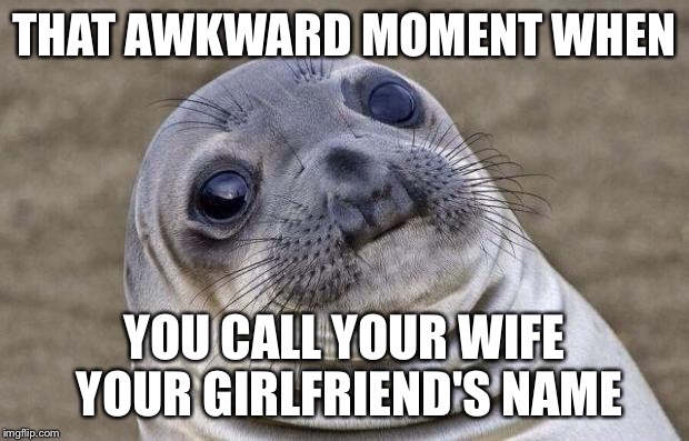Awkward Moment Sealion Meme | THAT AWKWARD MOMENT WHEN YOU CALL YOUR WIFE YOUR GIRLFRIEND'S NAME | image tagged in memes,awkward moment sealion | made w/ Imgflip meme maker