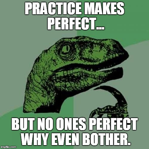 Philosoraptor Meme | PRACTICE MAKES PERFECT... BUT NO ONES PERFECT WHY EVEN BOTHER. | image tagged in memes,philosoraptor | made w/ Imgflip meme maker