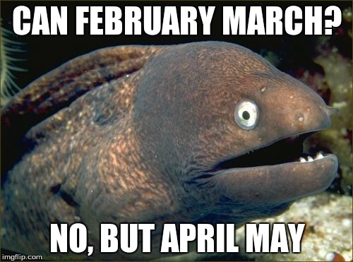 lol geddit? | CAN FEBRUARY MARCH? NO, BUT APRIL MAY | image tagged in memes,bad joke eel | made w/ Imgflip meme maker