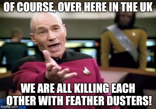 Picard Wtf Meme | OF COURSE, OVER HERE IN THE UK WE ARE ALL KILLING EACH OTHER WITH FEATHER DUSTERS! | image tagged in memes,picard wtf | made w/ Imgflip meme maker