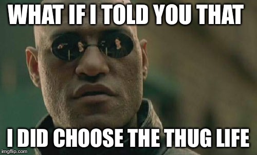 Matrix Morpheus Meme | WHAT IF I TOLD YOU THAT I DID CHOOSE THE THUG LIFE | image tagged in memes,matrix morpheus | made w/ Imgflip meme maker