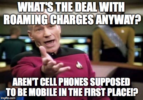 Roaming | WHAT'S THE DEAL WITH ROAMING CHARGES ANYWAY? AREN'T CELL PHONES SUPPOSED TO BE MOBILE IN THE FIRST PLACE!? | image tagged in memes,picard wtf,cell phone,roaming | made w/ Imgflip meme maker