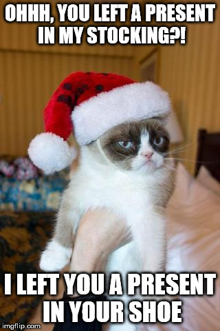 Grumpy Cat Christmas | OHHH, YOU LEFT A PRESENT IN MY STOCKING?! I LEFT YOU A PRESENT IN YOUR SHOE | image tagged in memes,grumpy cat christmas,grumpy cat | made w/ Imgflip meme maker