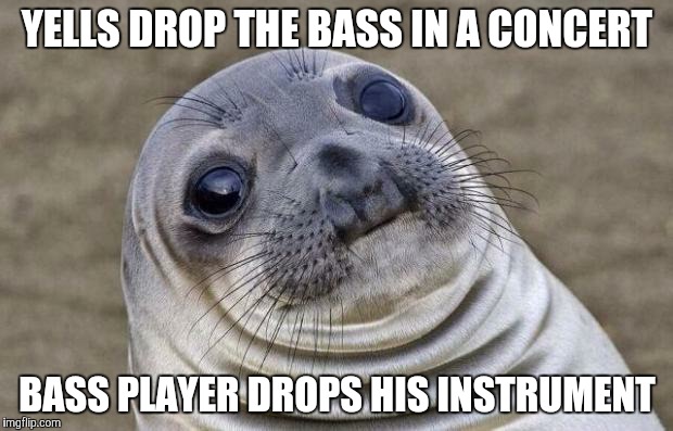 Awkward Moment Sealion Meme | YELLS DROP THE BASS IN A CONCERT BASS PLAYER DROPS HIS INSTRUMENT | image tagged in memes,awkward moment sealion | made w/ Imgflip meme maker