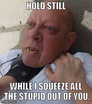 HOLD STILL WHILE I SQUEEZE ALL THE STUPID OUT OF YOU. | image tagged in stoopid | made w/ Imgflip meme maker