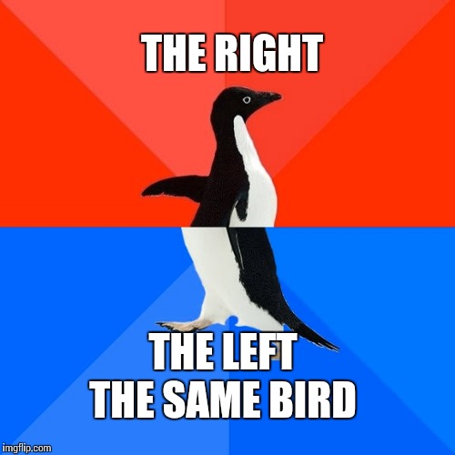 Socially Awesome Awkward Penguin | THE RIGHT THE LEFT THE SAME BIRD | image tagged in memes,socially awesome awkward penguin | made w/ Imgflip meme maker