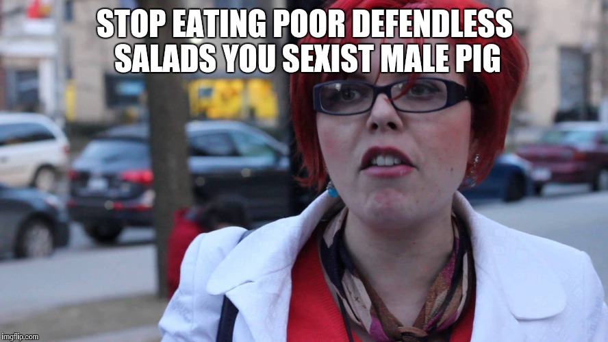 Feminazi | STOP EATING POOR DEFENDLESS SALADS YOU SEXIST MALE PIG | image tagged in feminazi | made w/ Imgflip meme maker