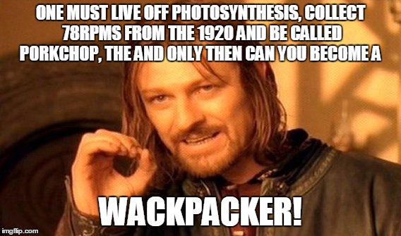 One Does Not Simply | ONE MUST LIVE OFF PHOTOSYNTHESIS, COLLECT 78RPMS FROM THE 1920 AND BE CALLED PORKCHOP, THE AND ONLY THEN CAN YOU BECOME A WACKPACKER! | image tagged in memes,one does not simply | made w/ Imgflip meme maker