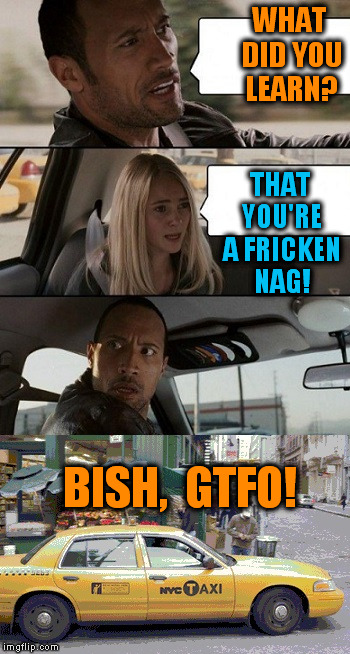 Rock Taxi get out! | WHAT DID YOU LEARN? THAT YOU'RE A FRICKEN NAG! BISH,  GTFO! | image tagged in rock taxi get out | made w/ Imgflip meme maker