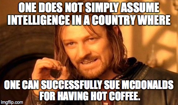 One Does Not Simply Meme | ONE DOES NOT SIMPLY ASSUME INTELLIGENCE IN A COUNTRY WHERE ONE CAN SUCCESSFULLY SUE MCDONALDS FOR HAVING HOT COFFEE. | image tagged in memes,one does not simply | made w/ Imgflip meme maker