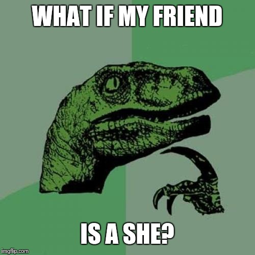 Philosoraptor Meme | WHAT IF MY FRIEND IS A SHE? | image tagged in memes,philosoraptor | made w/ Imgflip meme maker