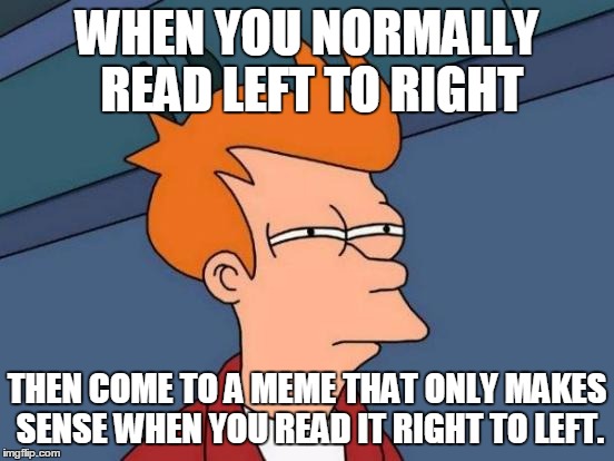 Futurama Fry Meme | WHEN YOU NORMALLY READ LEFT TO RIGHT THEN COME TO A MEME THAT ONLY MAKES SENSE WHEN YOU READ IT RIGHT TO LEFT. | image tagged in memes,futurama fry | made w/ Imgflip meme maker