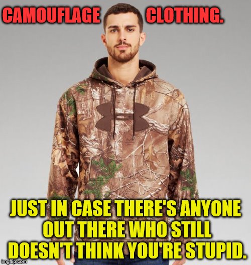 Ass Pro Shop | CAMOUFLAGE JUST IN CASE THERE'S ANYONE OUT THERE WHO STILL DOESN'T THINK YOU'RE STUPID. CLOTHING. | image tagged in camouflage,redneck,clothing | made w/ Imgflip meme maker