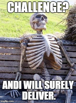 Waiting Skeleton Meme | CHALLENGE? ANDI WILL SURELY DELIVER. | image tagged in waiting skeleton,rocketbeans | made w/ Imgflip meme maker