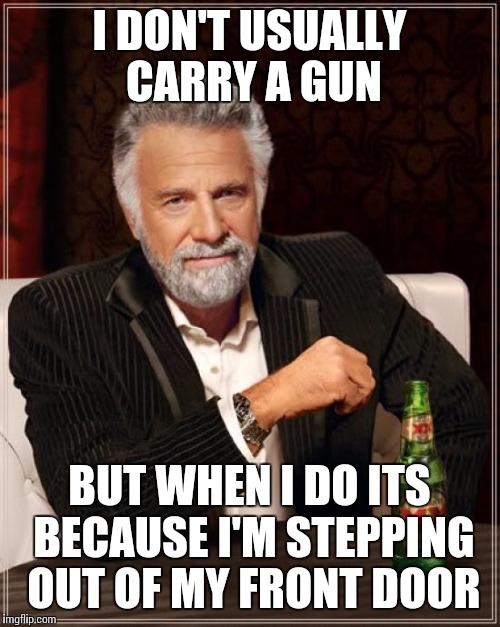 The Most Interesting Man In The World Meme | I DON'T USUALLY CARRY A GUN BUT WHEN I DO ITS BECAUSE I'M STEPPING OUT OF MY FRONT DOOR | image tagged in memes,the most interesting man in the world | made w/ Imgflip meme maker