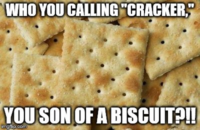 Crackers | WHO YOU CALLING "CRACKER," YOU SON OF A BISCUIT?!! | image tagged in crackers | made w/ Imgflip meme maker