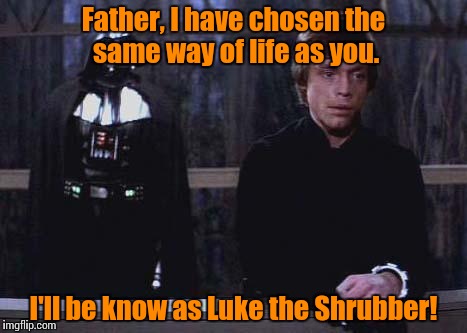 Luke Skywalker and the Holy Grail | Father, I have chosen the same way of life as you. I'll be know as Luke the Shrubber! | image tagged in darth vader luke skywalker | made w/ Imgflip meme maker