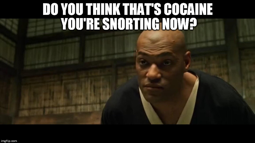 Do you think my being higher had anything to do with it... | DO YOU THINK THAT'S COCAINE YOU'RE SNORTING NOW? | image tagged in morpheus cocky look | made w/ Imgflip meme maker