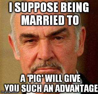 I SUPPOSE BEING MARRIED TO A 'PIG' WILL GIVE YOU SUCH AN ADVANTAGE | image tagged in connery | made w/ Imgflip meme maker