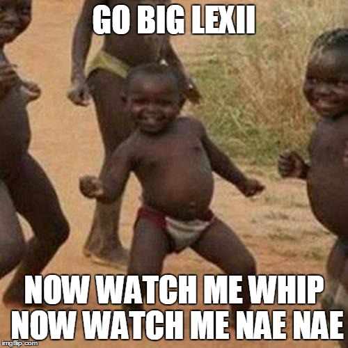 Third World Success Kid | GO BIG LEXII NOW WATCH ME WHIP NOW WATCH ME NAE NAE | image tagged in memes,third world success kid | made w/ Imgflip meme maker