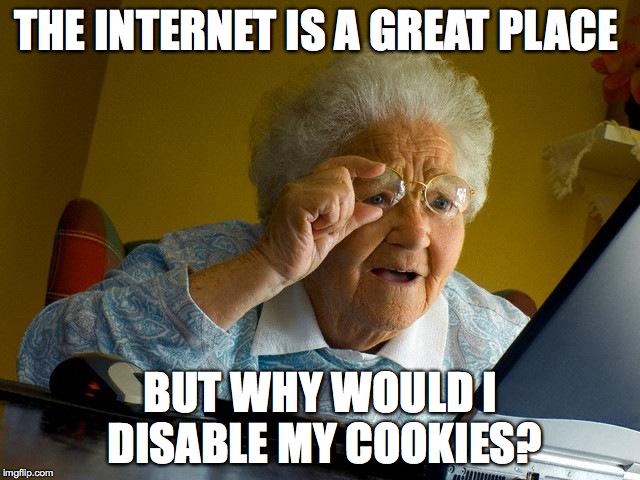 Grandma Finds The Internet Meme | THE INTERNET IS A GREAT PLACE BUT WHY WOULD I DISABLE MY COOKIES? | image tagged in memes,grandma finds the internet | made w/ Imgflip meme maker