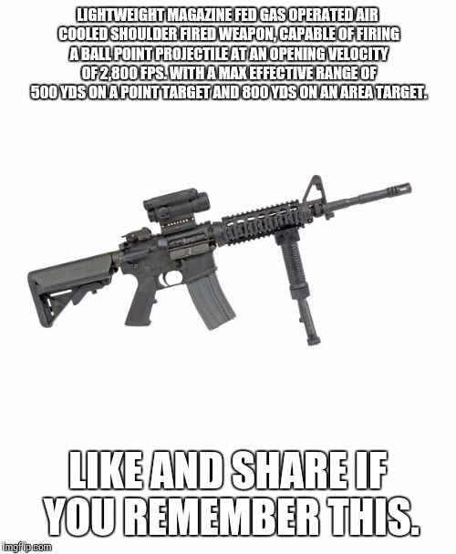 AR15 | LIGHTWEIGHT MAGAZINE FED GAS OPERATED AIR COOLED SHOULDER FIRED WEAPON, CAPABLE OF FIRING A BALL POINT PROJECTILE AT AN OPENING VELOCITY OF  | image tagged in ar15 | made w/ Imgflip meme maker