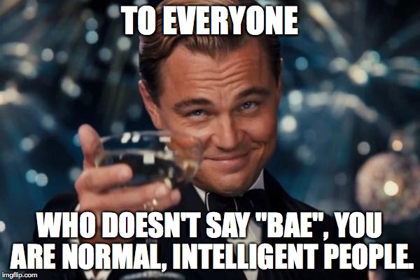 Leonardo Dicaprio Cheers | TO EVERYONE WHO DOESN'T SAY "BAE", YOU ARE NORMAL, INTELLIGENT PEOPLE. | image tagged in memes,leonardo dicaprio cheers | made w/ Imgflip meme maker