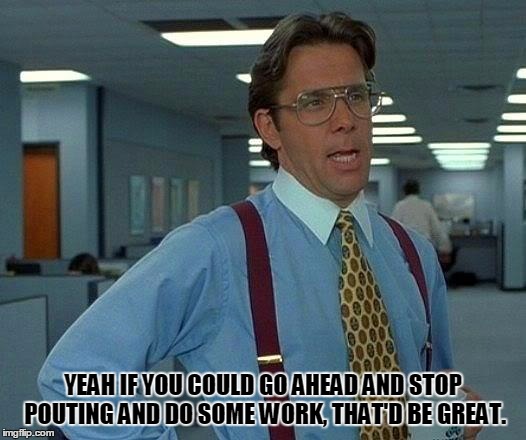 That Would Be Great | YEAH IF YOU COULD GO AHEAD AND STOP POUTING AND DO SOME WORK, THAT'D BE GREAT. | image tagged in memes,that would be great | made w/ Imgflip meme maker
