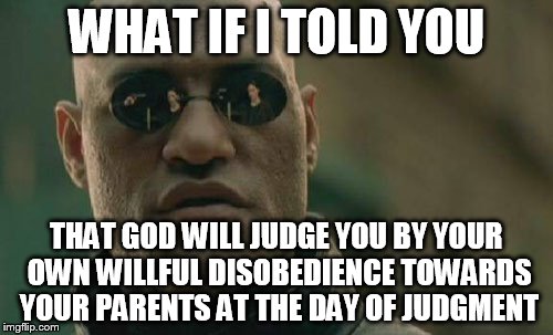Matrix Morpheus | WHAT IF I TOLD YOU THAT GOD WILL JUDGE YOU BY YOUR OWN WILLFUL DISOBEDIENCE TOWARDS YOUR PARENTS AT THE DAY OF JUDGMENT | image tagged in memes,matrix morpheus | made w/ Imgflip meme maker