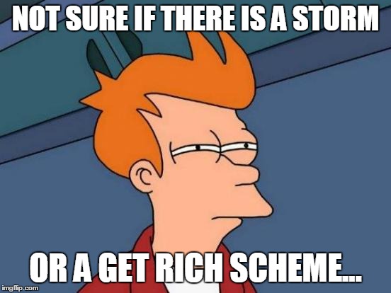 Futurama Fry Meme | NOT SURE IF THERE IS A STORM OR A GET RICH SCHEME... | image tagged in memes,futurama fry | made w/ Imgflip meme maker