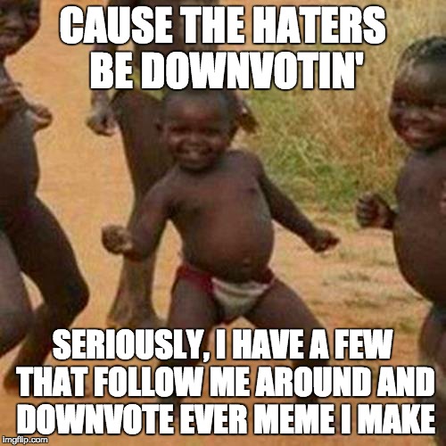 Third World Success Kid Meme | CAUSE THE HATERS BE DOWNVOTIN' SERIOUSLY, I HAVE A FEW THAT FOLLOW ME AROUND AND DOWNVOTE EVER MEME I MAKE | image tagged in memes,third world success kid | made w/ Imgflip meme maker