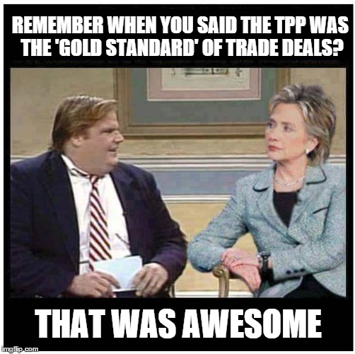 Hillary backtracks and lies. Again. | REMEMBER WHEN YOU SAID THE TPP WAS THE 'GOLD STANDARD' OF TRADE DEALS? THAT WAS AWESOME | image tagged in awesome chris farley,hillary clinton,chris farley | made w/ Imgflip meme maker
