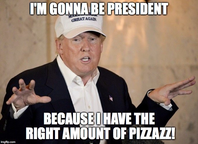 Trump for Prez | I'M GONNA BE PRESIDENT BECAUSE I HAVE THE RIGHT AMOUNT OF PIZZAZZ! | image tagged in donald trump | made w/ Imgflip meme maker