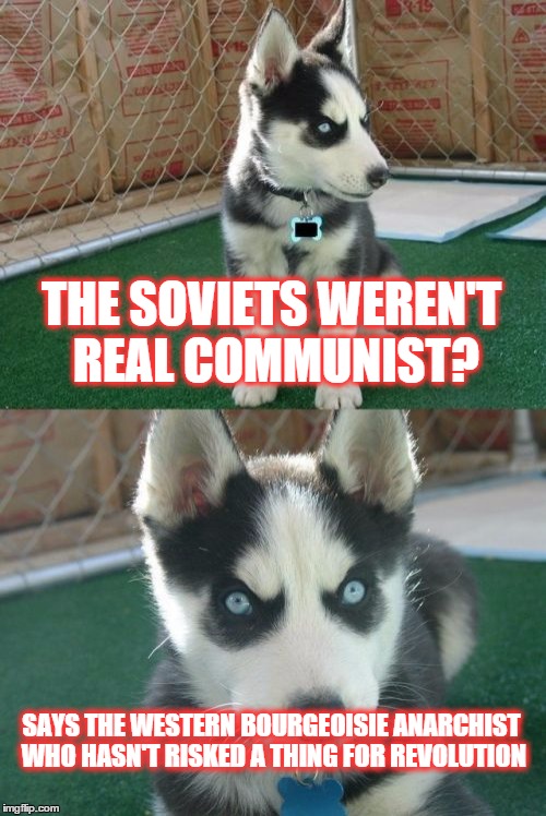 Insanity Puppy Still Loves the Soviet Union | THE SOVIETS WEREN'T REAL COMMUNIST? SAYS THE WESTERN BOURGEOISIE ANARCHIST WHO HASN'T RISKED A THING FOR REVOLUTION | image tagged in memes,insanity puppy | made w/ Imgflip meme maker